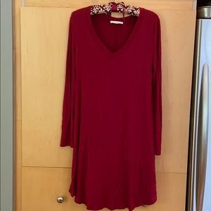 Dark red long sleeve v neck dress